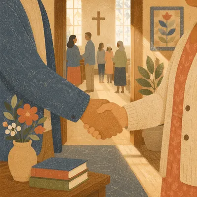 Warm Church Welcome Handshake in Chapel Foyer