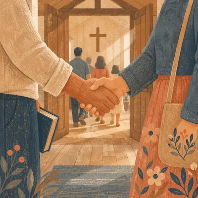 Warm Church Welcome Handshake in Chapel Entryway