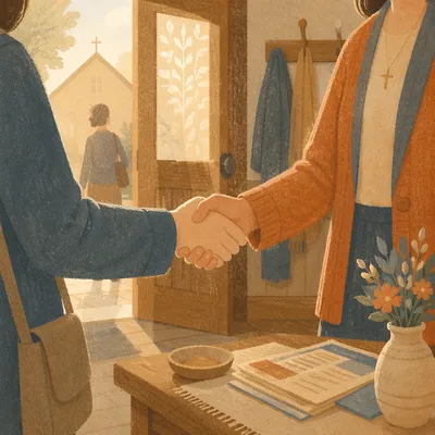 Warm Church Welcome Handshake in Chapel Entryway