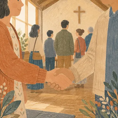 Warm Church Welcome Handshake in Chapel Foyer