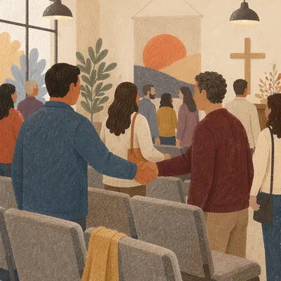 Warm Church Welcome Handshake in Fellowship Hall
