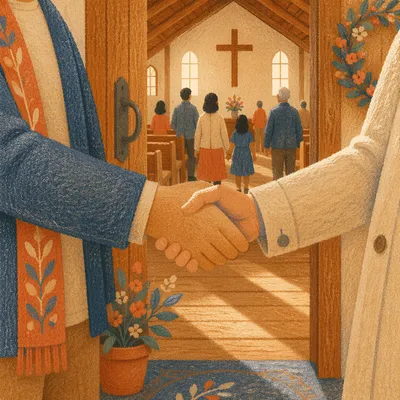 Warm Church Welcome Handshake at Chapel Entrance