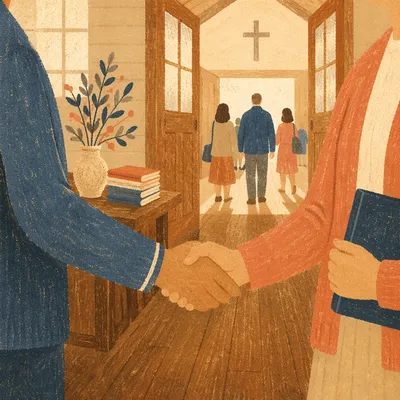 Warm Church Welcome Handshake in Chapel Lobby