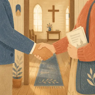 Warm Church Welcome Handshake in Chapel Foyer