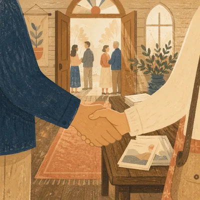 Warm Church Welcome Handshake in Chapel Foyer