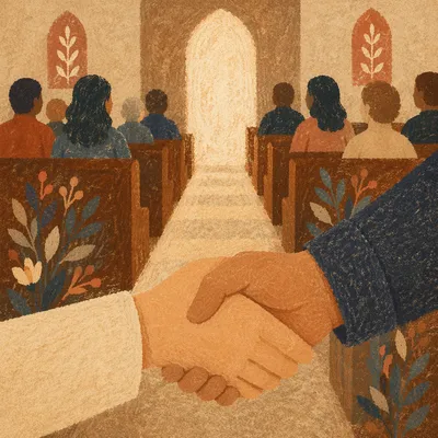 Warm Church Welcome Handshake in Sanctuary