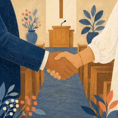 Warm Church Welcome Handshake in Sanctuary