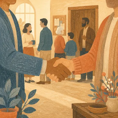 Warm Church Welcome Handshake in Foyer