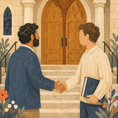 Warm Church Welcome Handshake at Stone Entrance