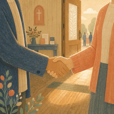 Warm Church Welcome Handshake in Chapel Foyer