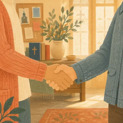 Warm Church Welcome Handshake in Foyer