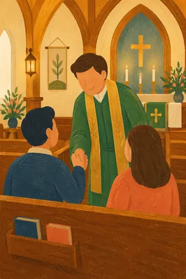 Warm Church Welcome Handshake in Sanctuary