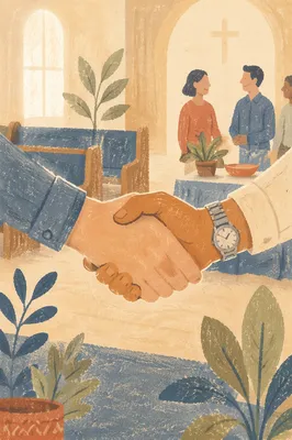 Warm Church Welcome Handshake in Foyer