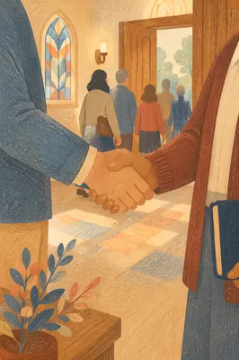 Warm Church Welcome Handshake in Foyer