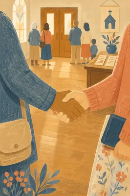 Warm Church Welcome Handshake in Foyer