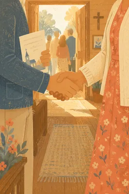 Warm Church Welcome Handshake in Chapel Foyer