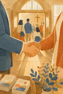 Warm Church Welcome Handshake in Chapel Foyer