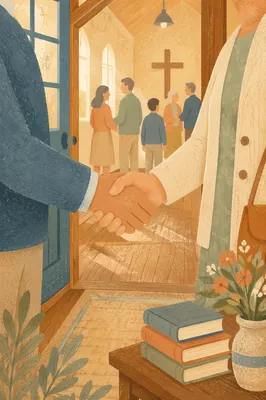 Warm Church Welcome Handshake in Chapel Foyer
