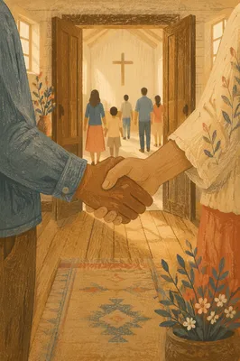 Warm Church Welcome Handshake in Chapel Entryway