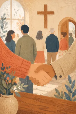 Warm Church Welcome Handshake in Chapel Foyer
