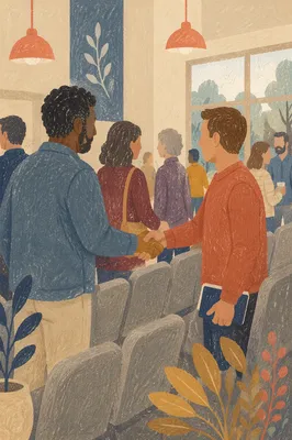 Warm Church Welcome Handshake in Fellowship Hall
