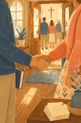 Warm Church Welcome Handshake in Chapel Lobby