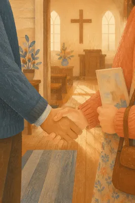 Warm Church Welcome Handshake in Chapel Foyer