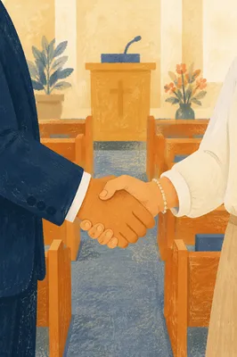 Warm Church Welcome Handshake in Sanctuary