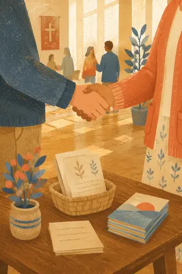Warm Church Welcome Handshake in Foyer