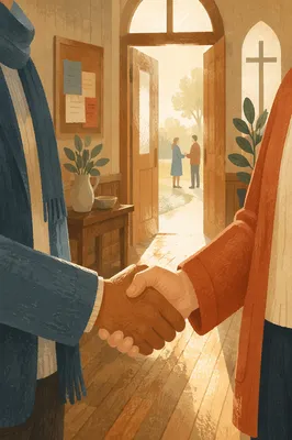 Warm Church Welcome Handshake in Chapel Foyer