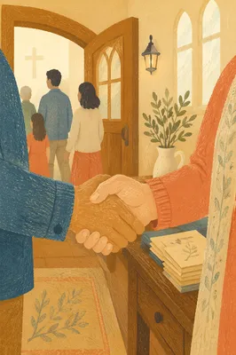 Warm Church Welcome Handshake in Chapel Foyer