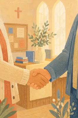Warm Church Welcome Handshake in Morning Foyer