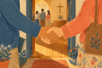 Warm Church Welcome Handshake in Chapel Foyer