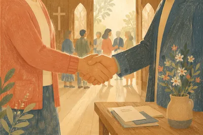 Warm Church Welcome Handshake at Chapel Entrance