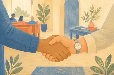 Warm Church Welcome Handshake in Foyer