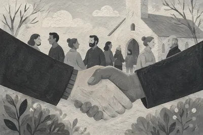 Warm Church Welcome Handshake in Monochrome