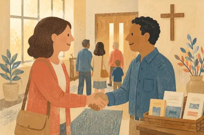 Warm Church Welcome Handshake in Foyer