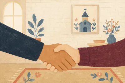 Warm Church Welcome Handshake in Foyer