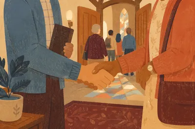 Warm Church Welcome Handshake in Foyer