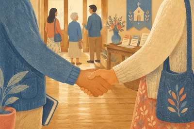 Warm Church Welcome Handshake in Foyer