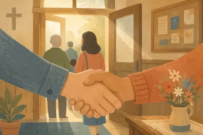 Warm Church Welcome Handshake in Foyer