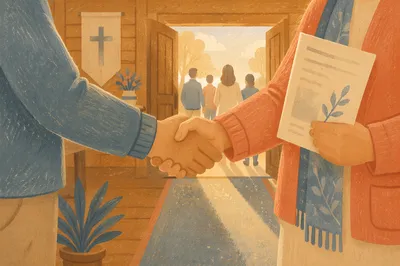 Warm Church Welcome Handshake in Chapel Foyer