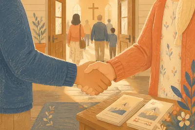 Warm Church Welcome Handshake in Chapel Foyer