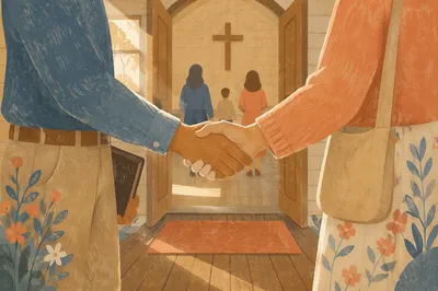 Warm Church Welcome Handshake in Chapel Entryway