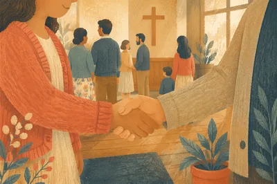 Warm Church Welcome Handshake in Chapel Foyer