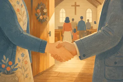 Warm Church Welcome Handshake at Chapel Entrance