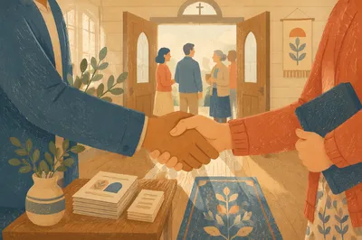 Warm Church Welcome Handshake in Chapel Foyer