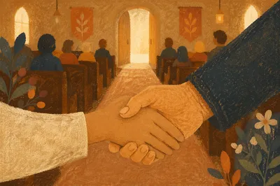 Warm Church Welcome Handshake in Sanctuary