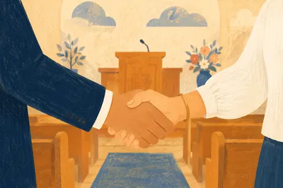 Warm Church Welcome Handshake in Sanctuary