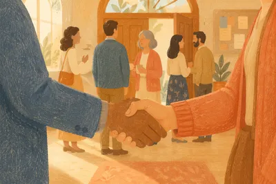 Warm Church Welcome Handshake in Foyer